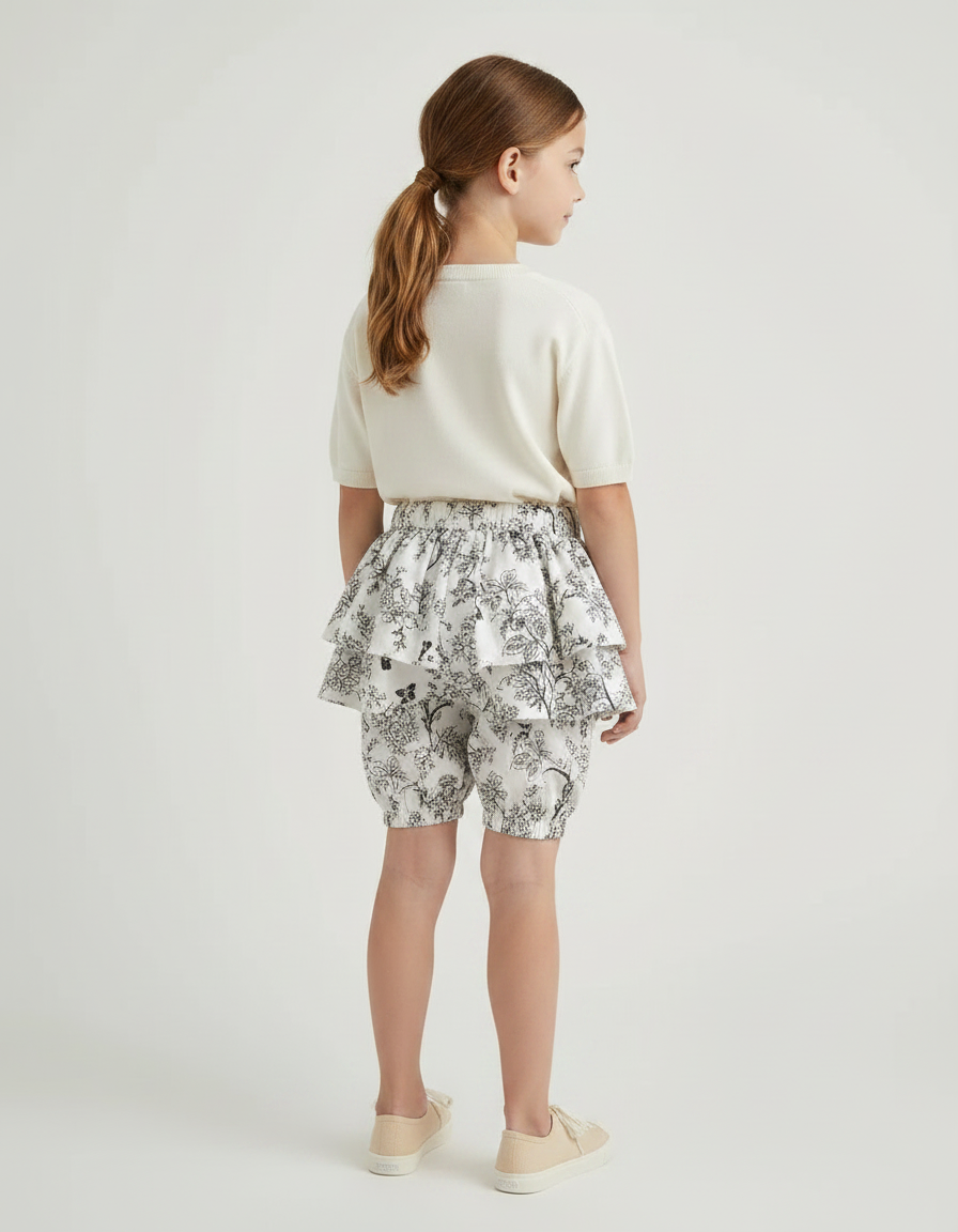 Pantalon Jupe Blanc Volants Imprimé Floral Fille - Coton - vue 2