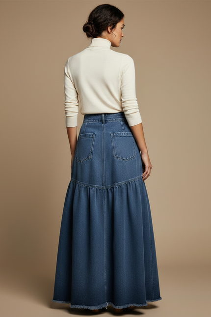 Pantalon Jupe Longue Denim Taille Haute Ample - Bleu Jean - vue 2