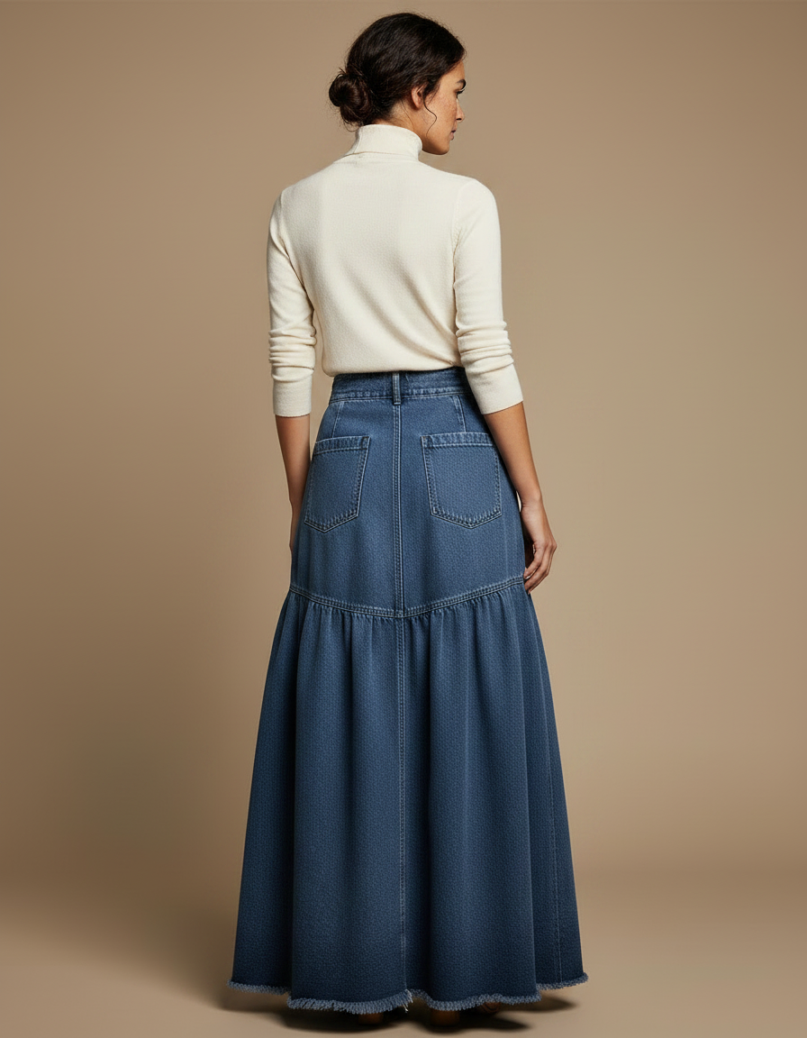 Pantalon Jupe Longue Denim Taille Haute Ample - Bleu Jean - vue 2