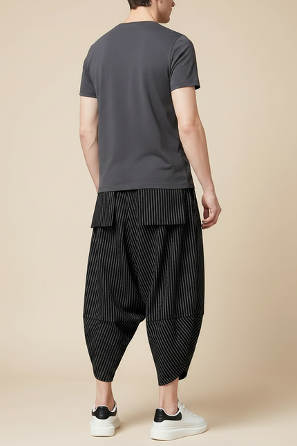 Pantalon Jupe Noir Rayé Ample Décontracté Coton - vue 2