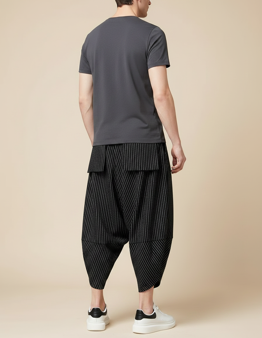 Pantalon Jupe Noir Rayé Ample Décontracté Coton - vue 2