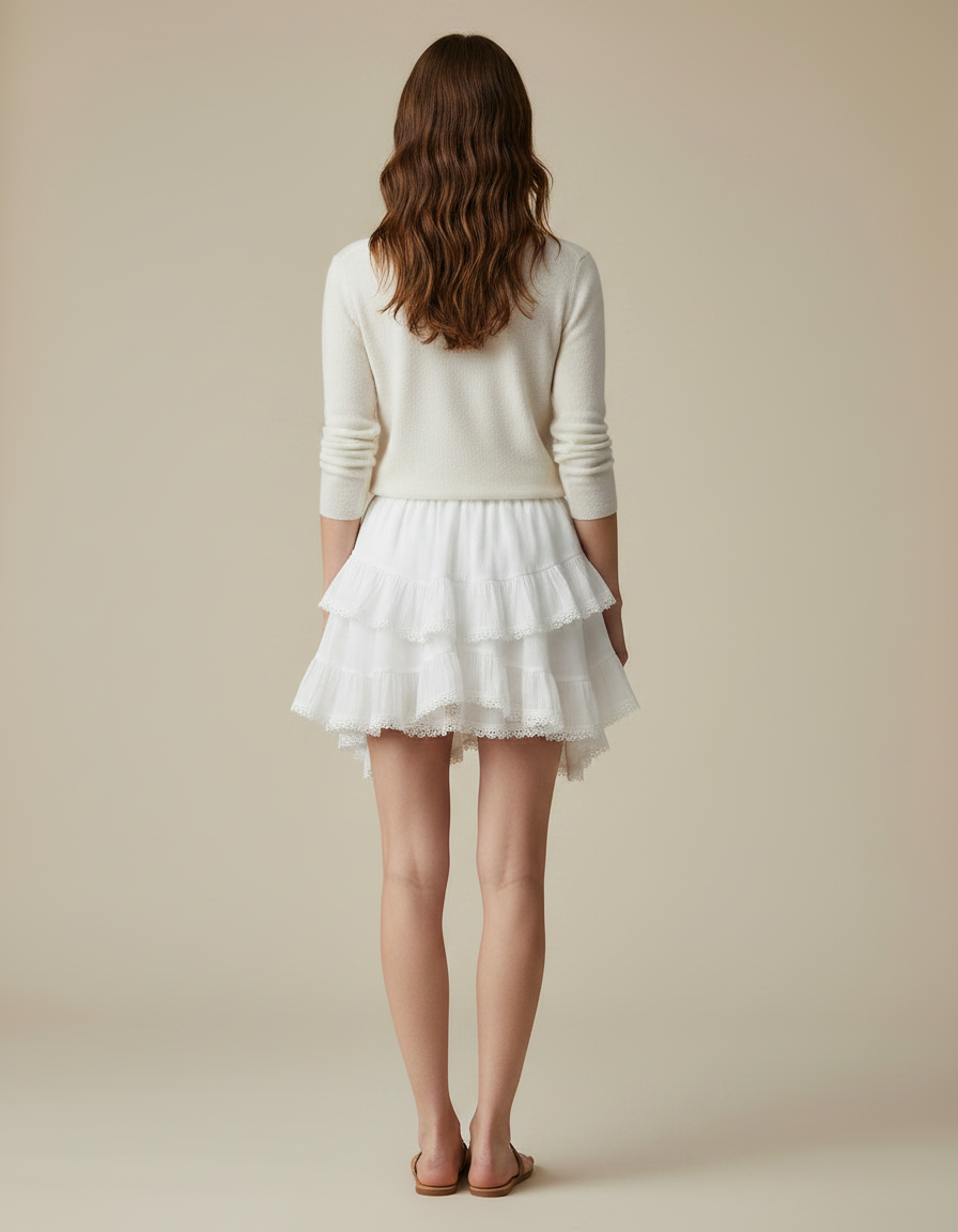 Pantalon Jupe Blanc Volants Dentelle Courte Été Femme - Coton - vue 2