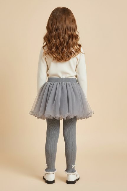 Pantalon Jupe Tulle Gris Ribbed Nœuds Fille - Maille - vue 2