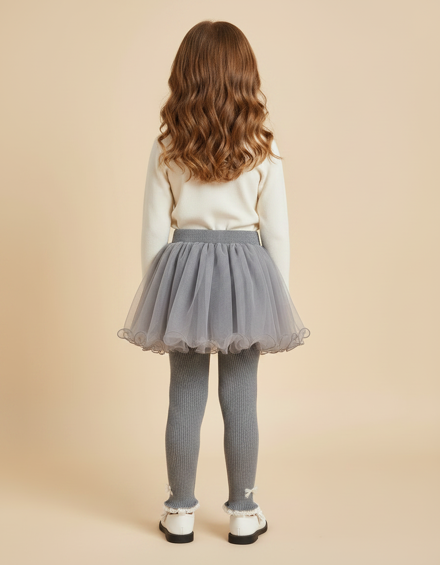 Pantalon Jupe Tulle Gris Ribbed Nœuds Fille - Maille - vue 2