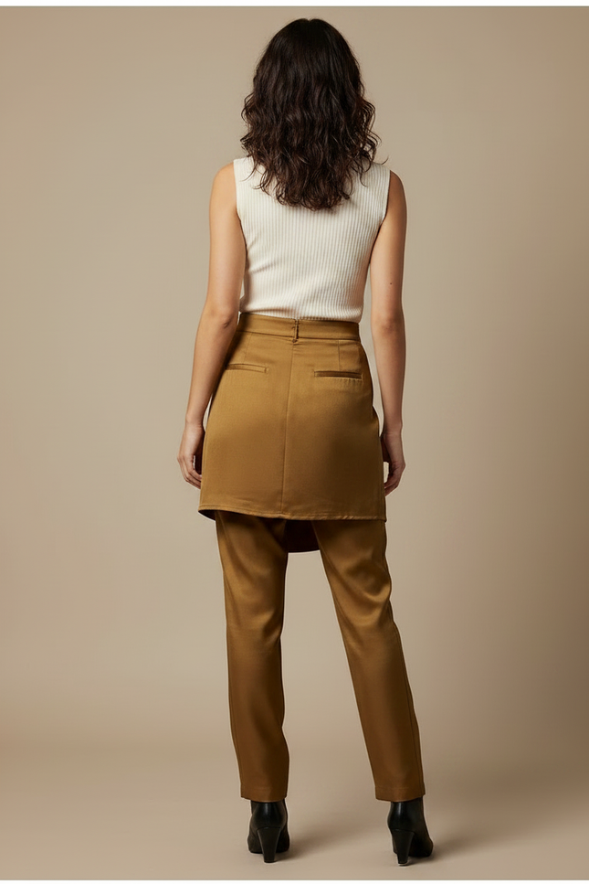 Pantalon Jupe Marron Élégant Droit Satiné Asymétrique - vue 2