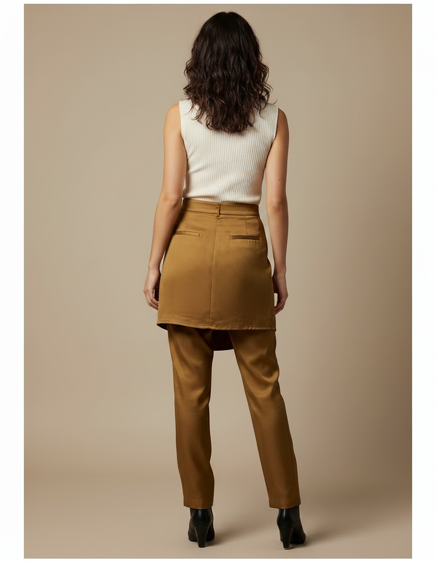 Pantalon Jupe Marron Élégant Droit Satiné Asymétrique - vue 2
