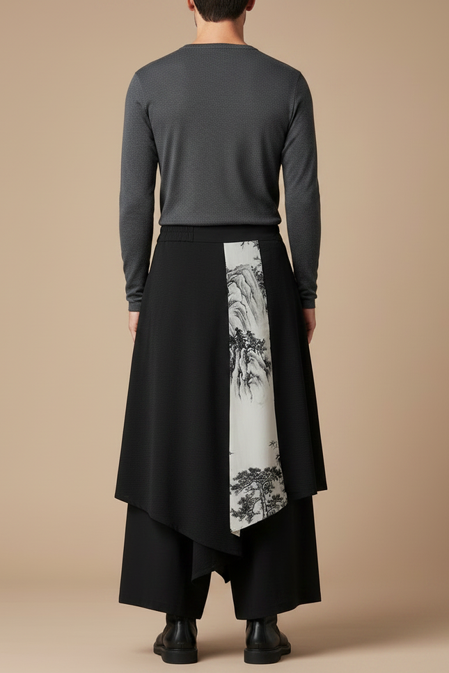 Pantalon Jupe Noir Ample Asymétrique Paysage - Polyester - vue 2