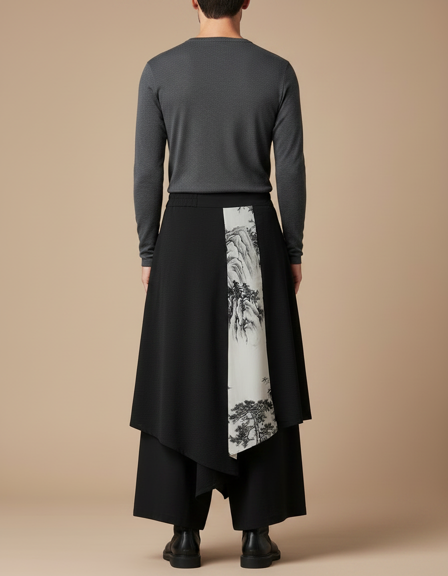 Pantalon Jupe Noir Ample Asymétrique Paysage - Polyester - vue 2