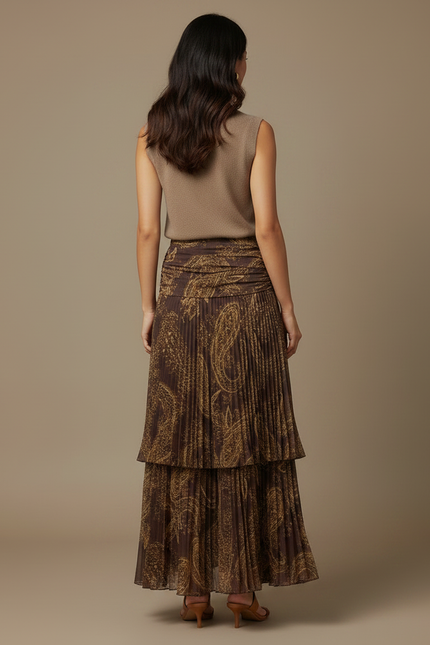 Pantalon Jupe Plissée Longue Imprimée Fluide Marron - Polyester - vue 2