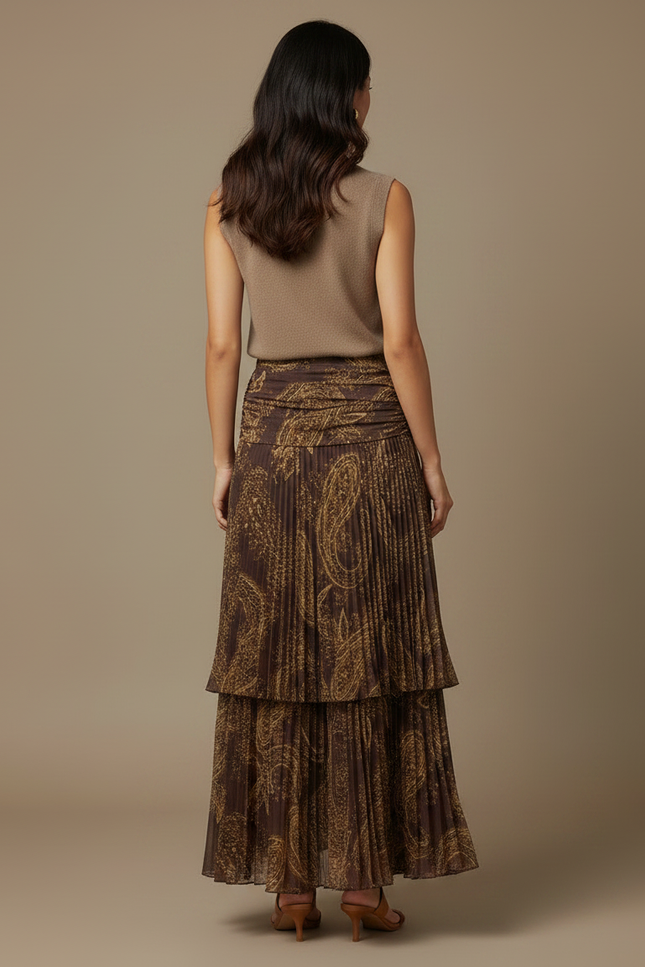 Pantalon Jupe Plissée Longue Imprimée Fluide Marron - Polyester - vue 2