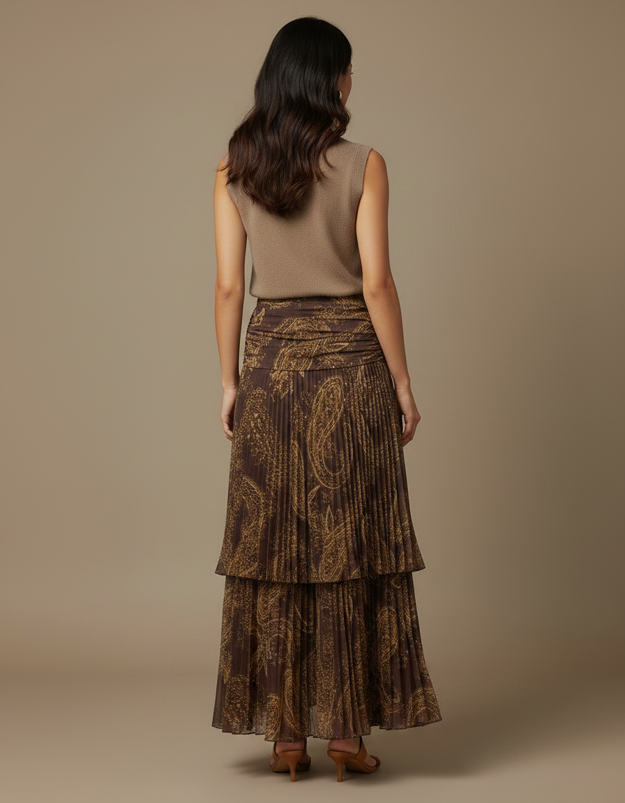 Pantalon Jupe Plissée Longue Imprimée Fluide Marron - Polyester - vue 2