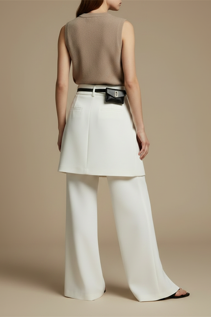 Pantalon Jupe Blanc Superposé Fendu Élégant Fluide - Polyester - vue 2
