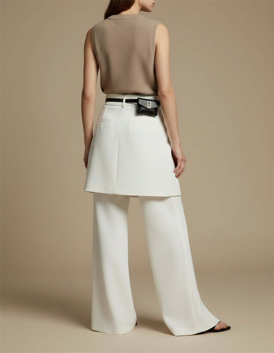Pantalon Jupe Blanc Superposé Fendu Élégant Fluide - Polyester - vue 2