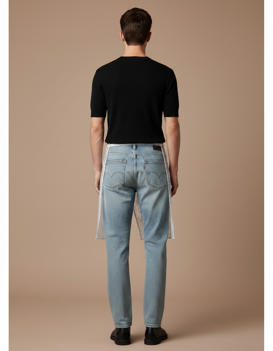 Pantalon Jupe Jean Blanc Brodé Transparent Homme - Bleu - vue 2
