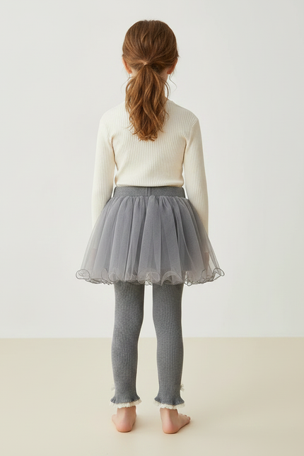 Pantalon Jupe Gris Tulle Superposé Dentelle Fille - Maille - vue 2