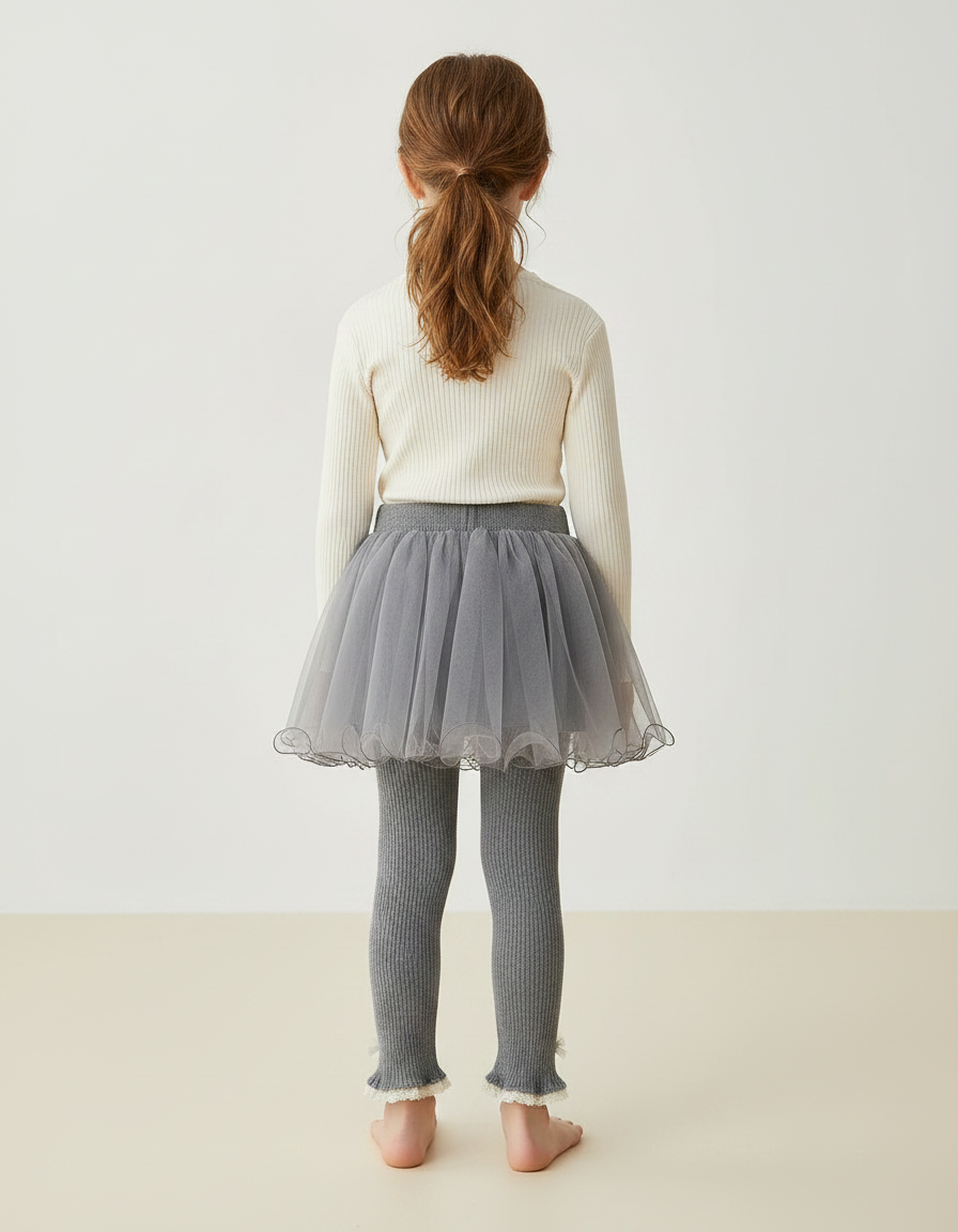 Pantalon Jupe Gris Tulle Superposé Dentelle Fille - Maille - vue 2
