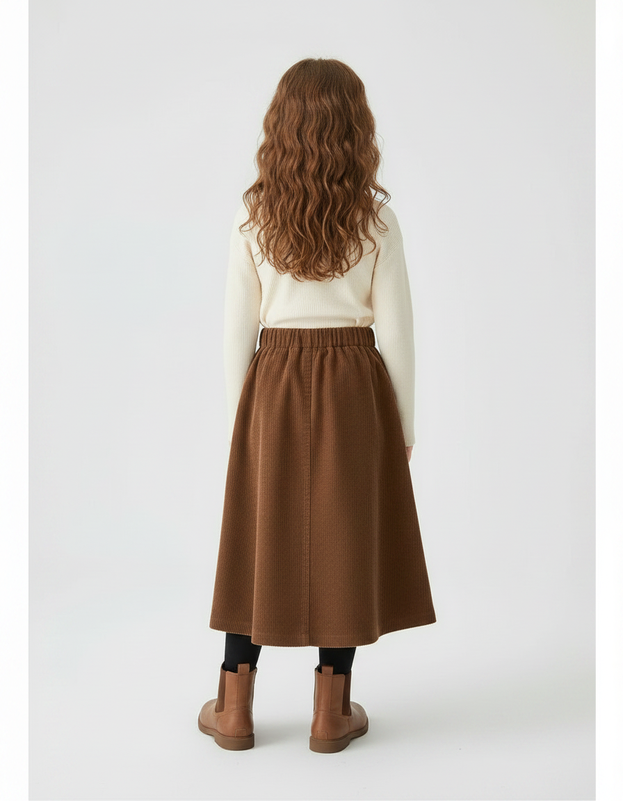 Pantalon Jupe Marron Côtelé Longue Évasée Enfant - Cordé - vue 2