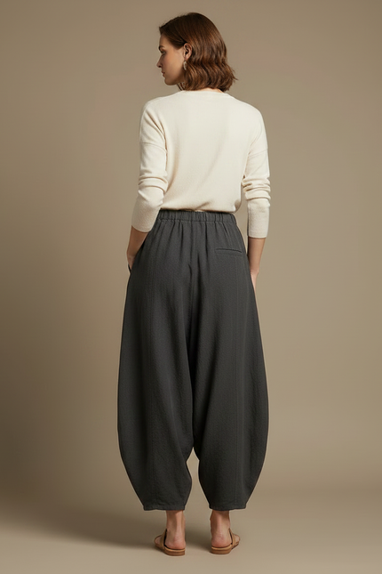 Pantalon Jupe Ample Coton Lin Élégant Gris Femme - vue 2