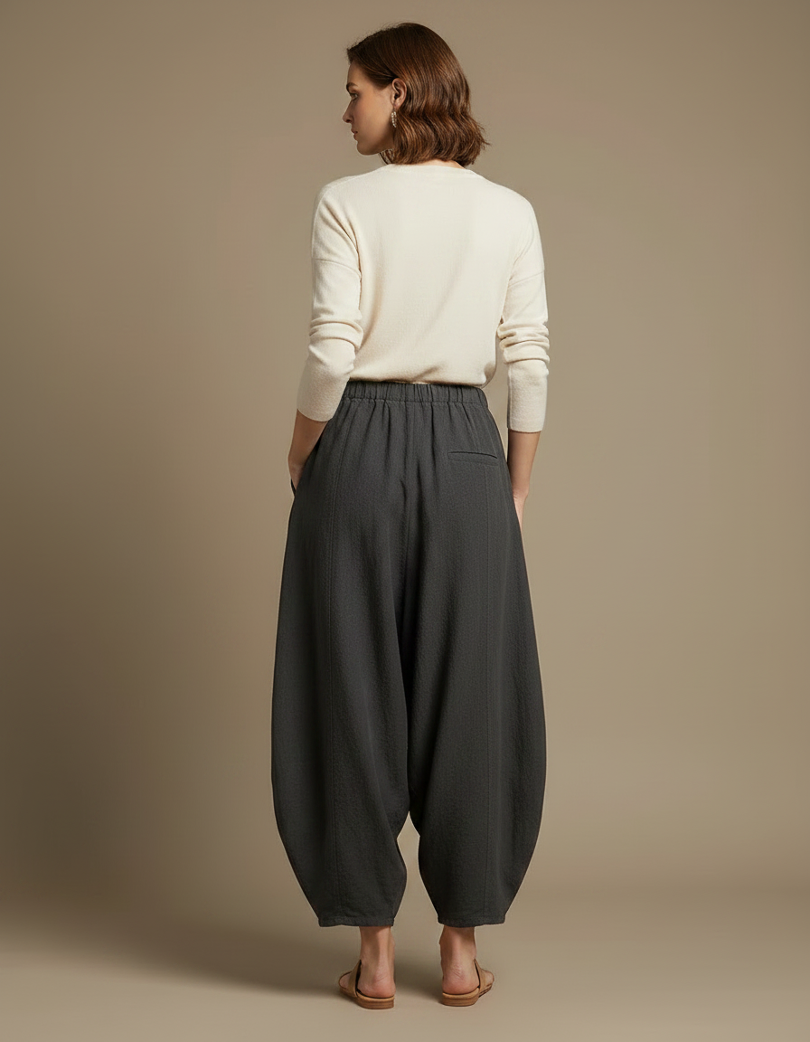 Pantalon Jupe Ample Coton Lin Élégant Gris Femme - vue 2