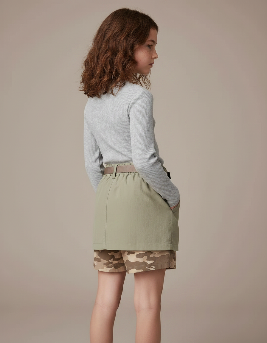 Pantalon Jupe Kaki Camouflage Ceinturé Superposé Sportif - Multicolore Polyester - vue 2