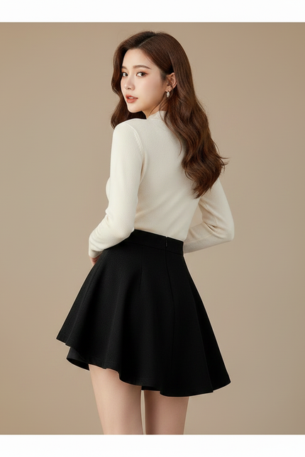 Pantalon Jupe Noir Plissé Fluide Élégant Court - Laine - vue 2