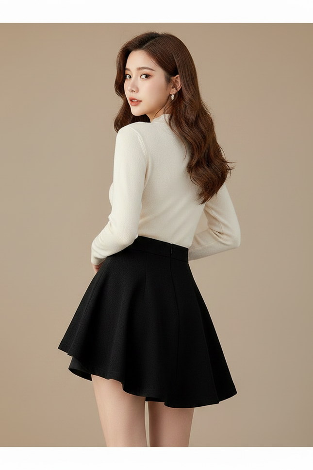 Pantalon Jupe Noir Plissé Fluide Élégant Court - Laine - vue 2