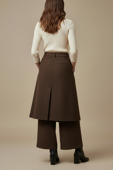 Pantalon Jupe Marron Laine Coupe Droite Élégant - vue 2