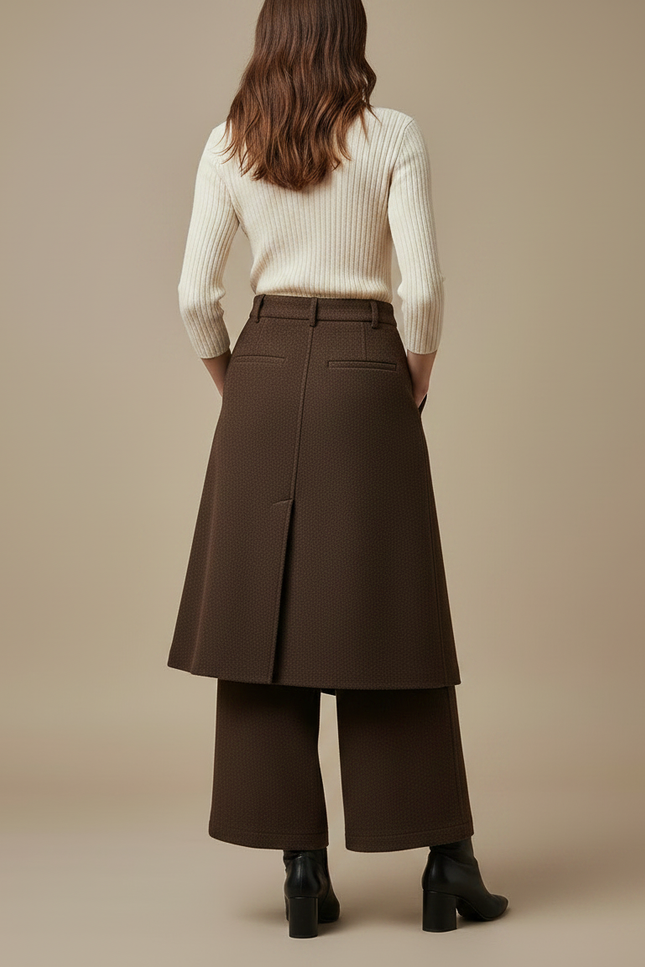 Pantalon Jupe Marron Laine Coupe Droite Élégant - vue 2