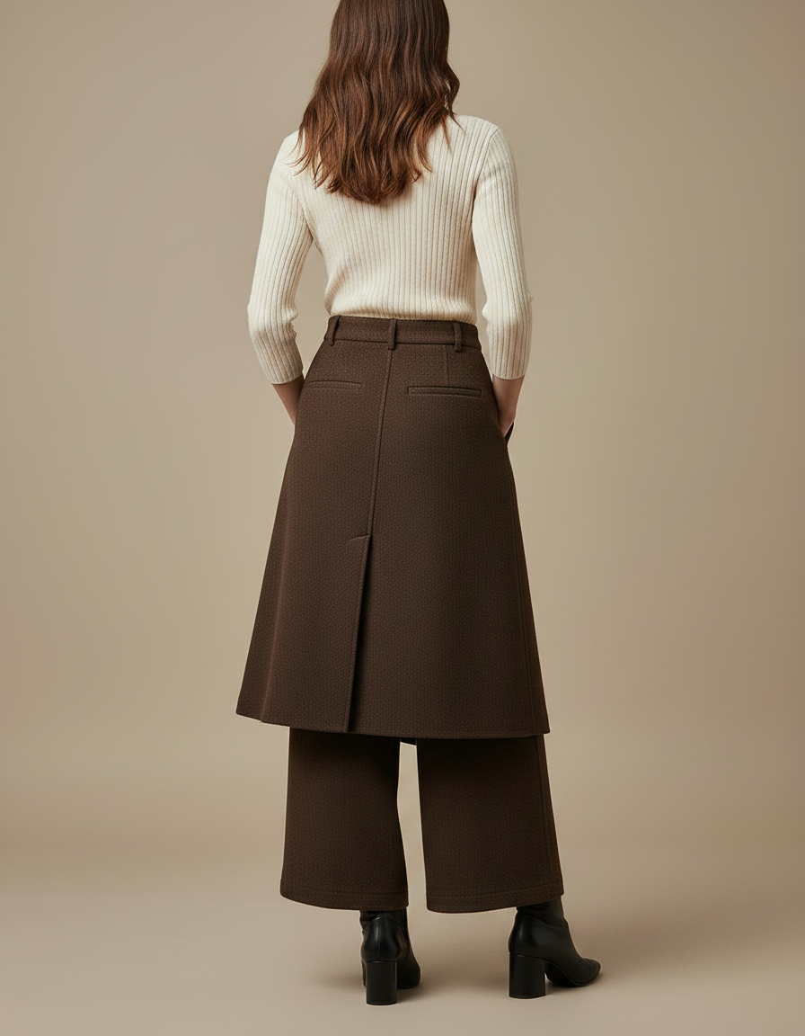 Pantalon Jupe Marron Laine Coupe Droite Élégant - vue 2