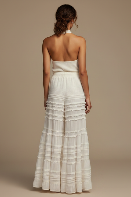Pantalon Jupe Blanc Volants Superposés Fluide Élégant - Coton - vue 2