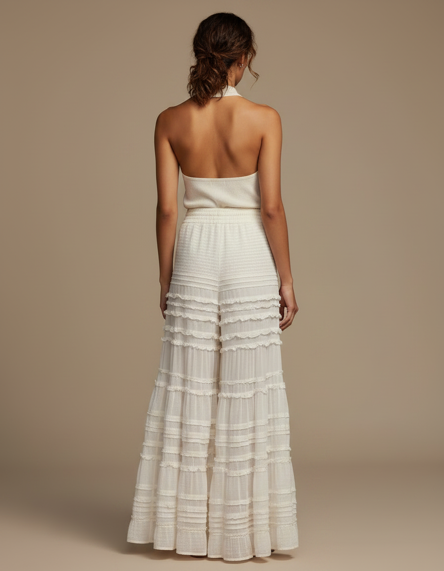 Pantalon Jupe Blanc Volants Superposés Fluide Élégant - Coton - vue 2