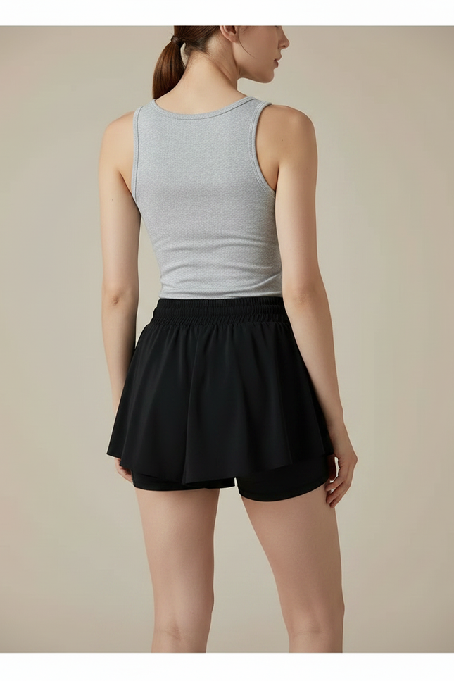 Pantalon Jupe Noir Fluide Superposé Sportif Décontracté - Polyester - vue 2
