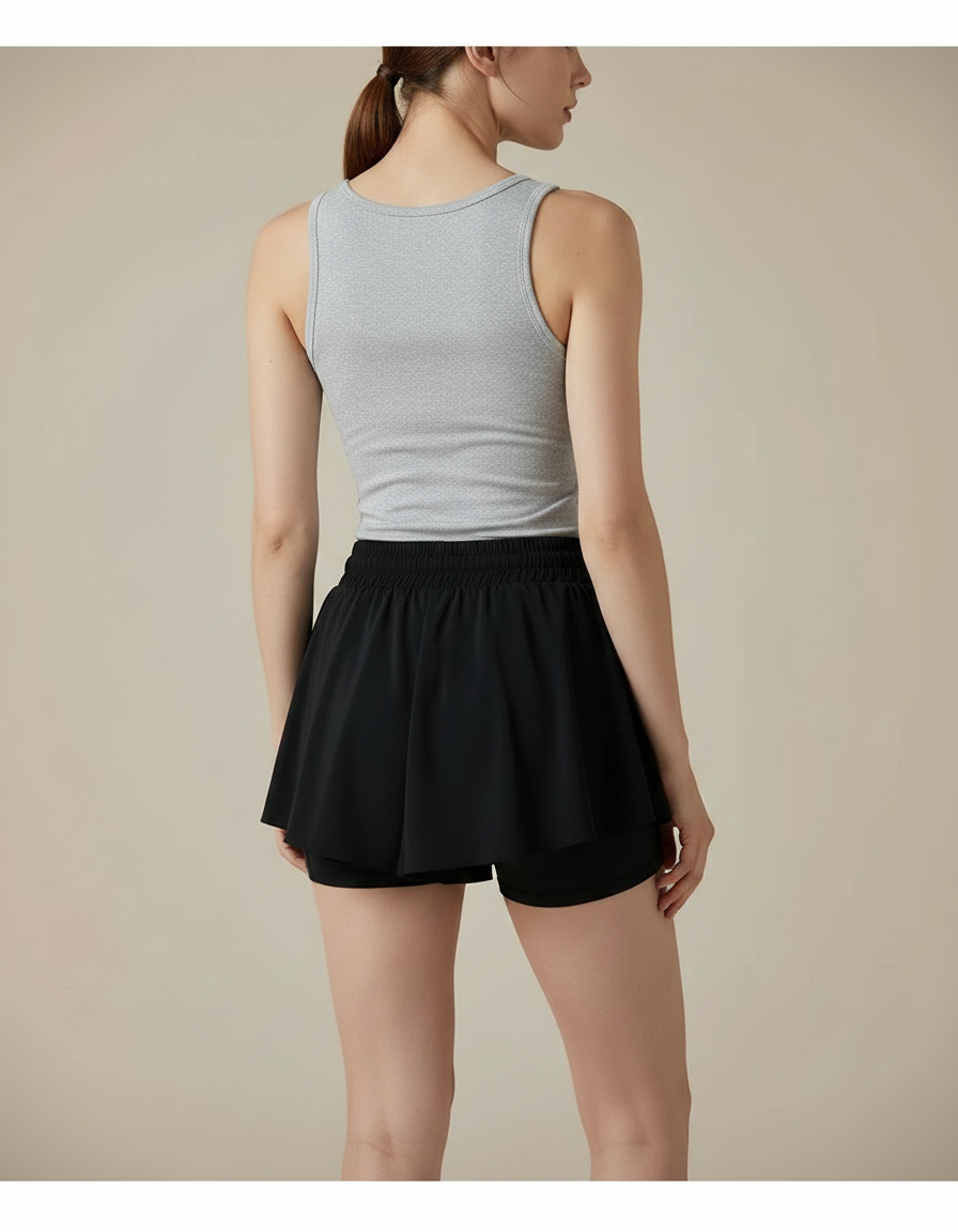 Pantalon Jupe Noir Fluide Superposé Sportif Décontracté - Polyester - vue 2