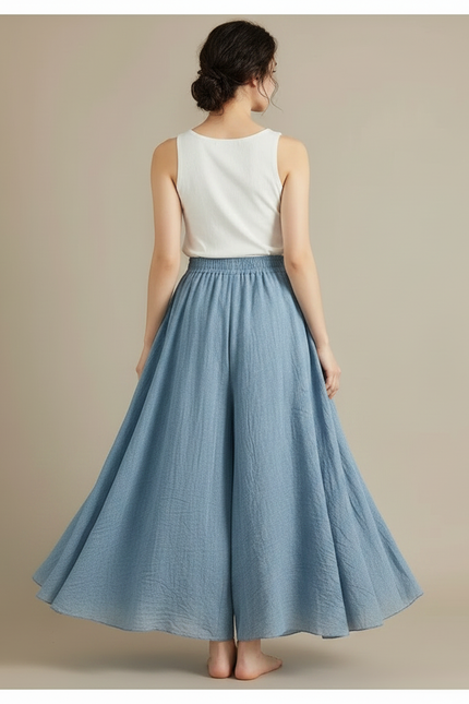 Pantalon Jupe Bleu Ciel Ample Fluide Coton Lin - vue 2