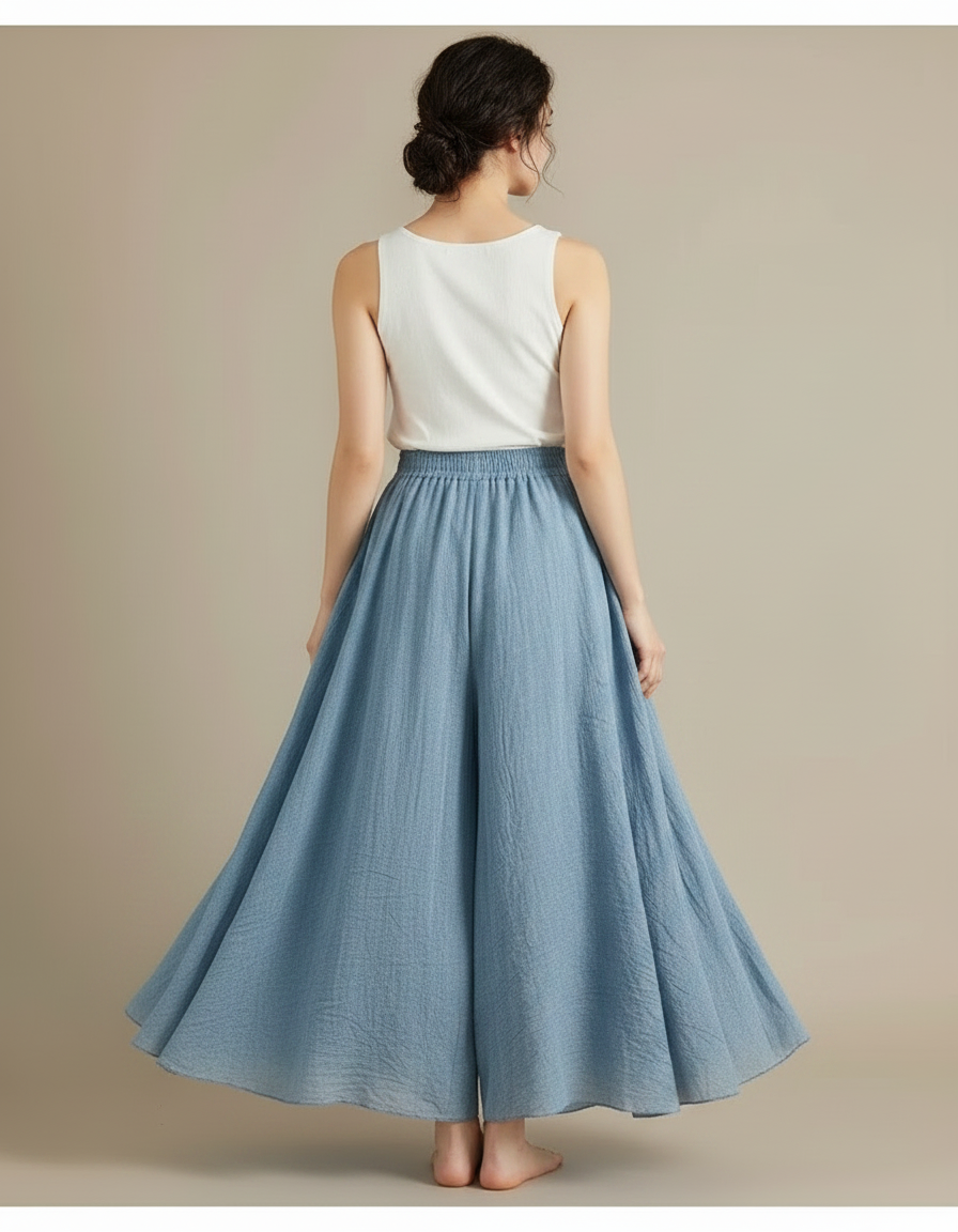 Pantalon Jupe Bleu Ciel Ample Fluide Coton Lin - vue 2