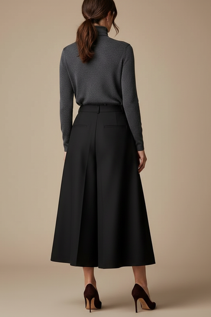 Pantalon Jupe Noir Plissé Ample Élégant Chic - Gabardine - vue 2