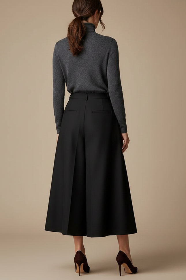 Pantalon Jupe Noir Plissé Ample Élégant Chic - Gabardine - vue 2