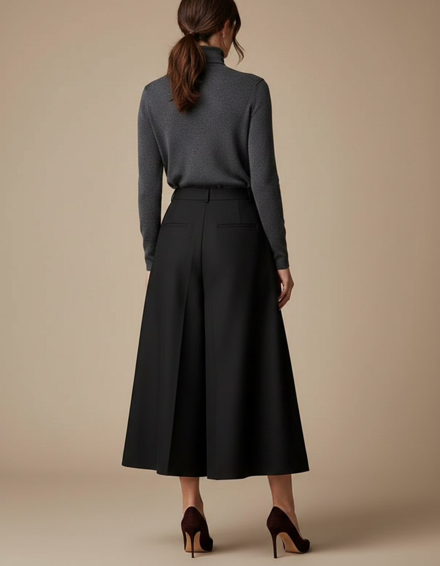 Pantalon Jupe Noir Plissé Ample Élégant Chic - Gabardine - vue 2