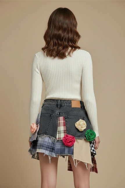 Pantalon Jupe Denim Plaid Déstructuré Fleurs Mini Femme - Multicolore Jean - vue 2
