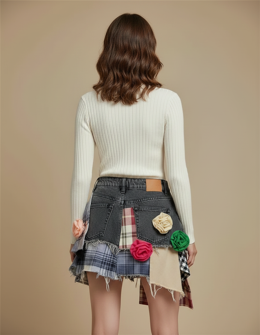 Pantalon Jupe Denim Plaid Déstructuré Fleurs Mini Femme - Multicolore Jean - vue 2