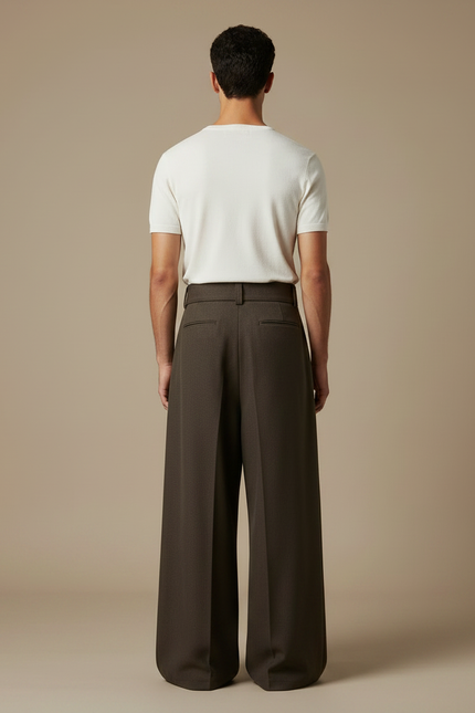 Pantalon Jupe Marron Ample Plissé Ceinturé Homme Décontracté - Laine - vue 2