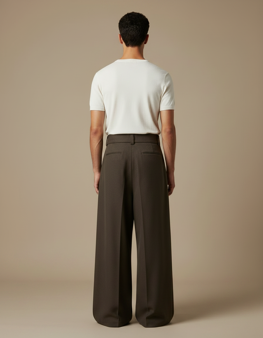 Pantalon Jupe Marron Ample Plissé Ceinturé Homme Décontracté - Laine - vue 2