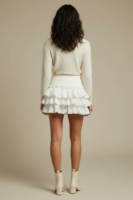 Pantalon Jupe Blanc Volants Dentelle Mini Chic - Coton - vue 2