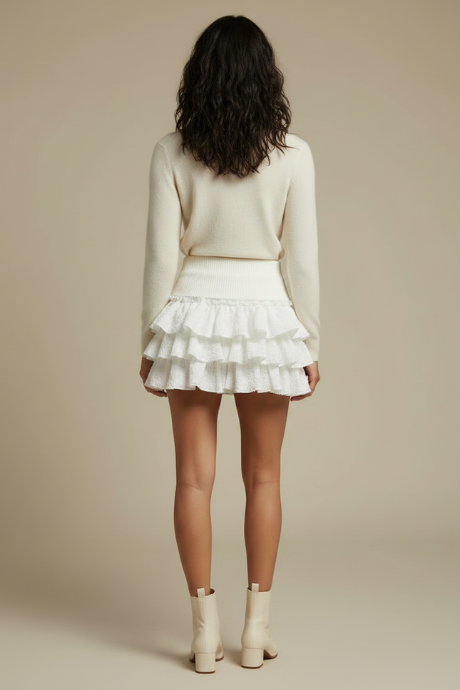 Pantalon Jupe Blanc Volants Dentelle Mini Chic - Coton - vue 2