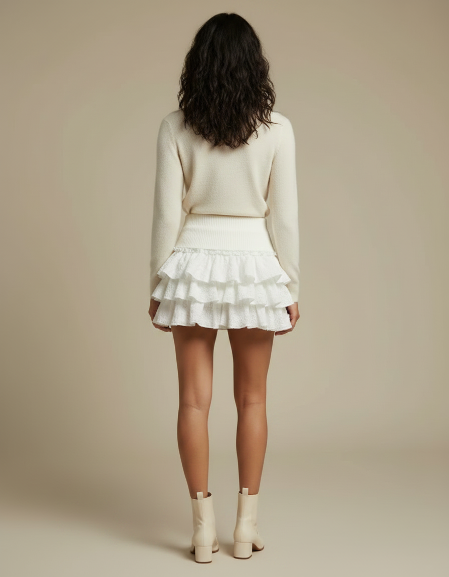 Pantalon Jupe Blanc Volants Dentelle Mini Chic - Coton - vue 2