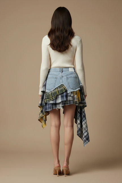 Pantalon Jupe Denim Plaid Asymétrique Déstructuré Mini Femme - Multicolore Jean - vue 2