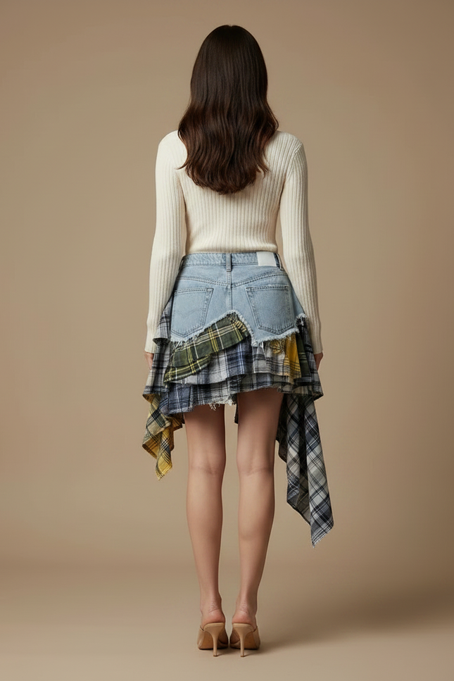 Pantalon Jupe Denim Plaid Asymétrique Déstructuré Mini Femme - Multicolore Jean - vue 2