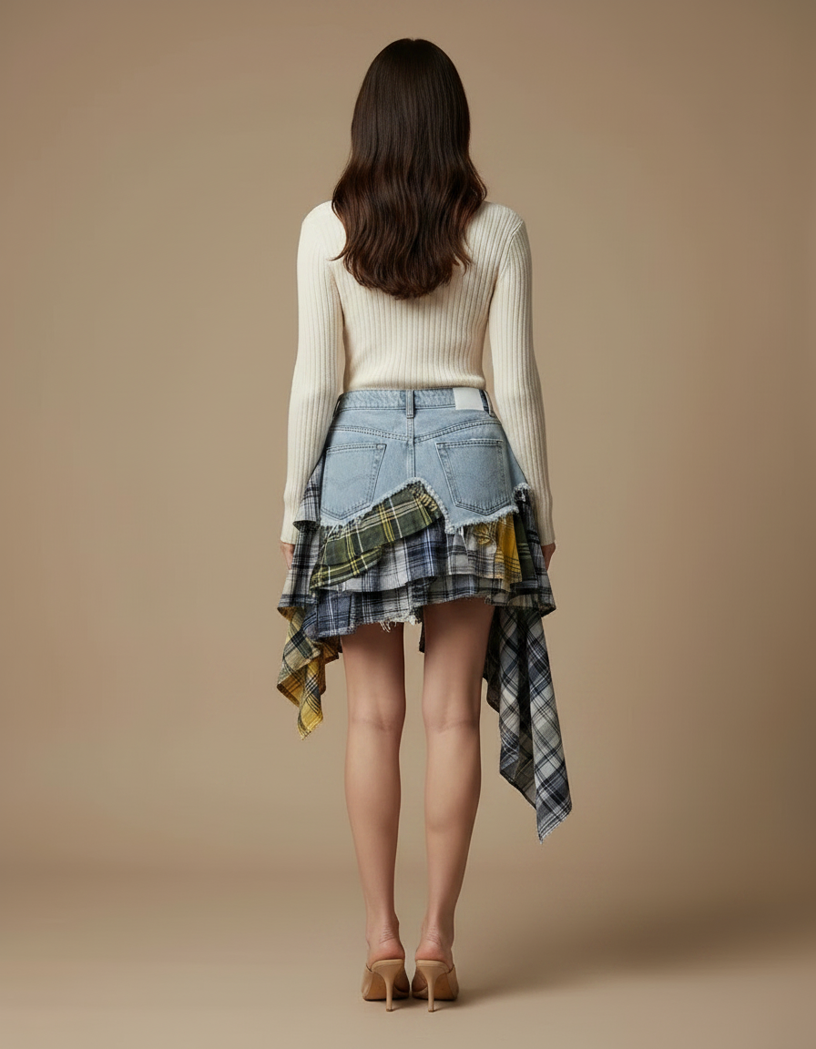 Pantalon Jupe Denim Plaid Asymétrique Déstructuré Mini Femme - Multicolore Jean - vue 2