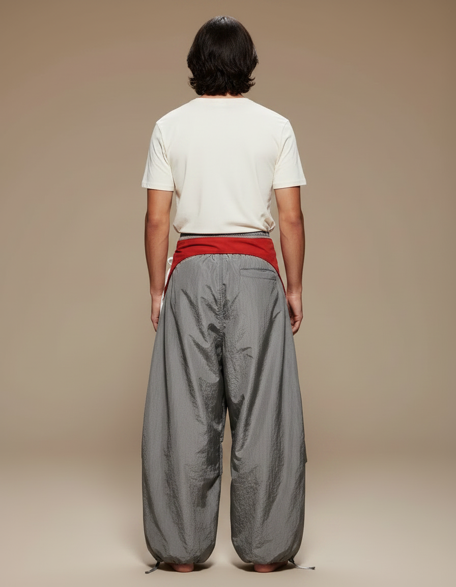 Pantalon Jupe Gris Fluide Ample Sportif Rouge - Polyester - vue 2