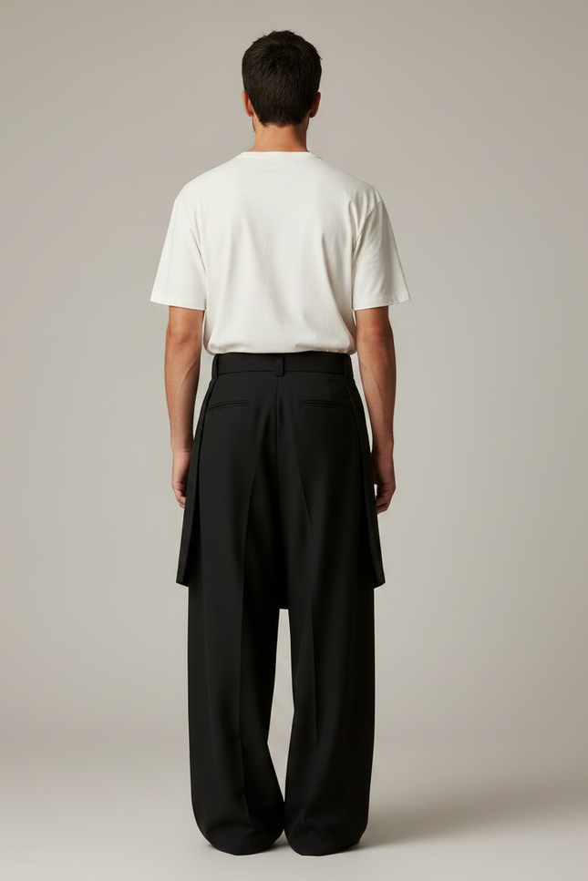 Pantalon Jupe Noir Plissé Ample Ceinturé Élégant - Polyester - vue 2